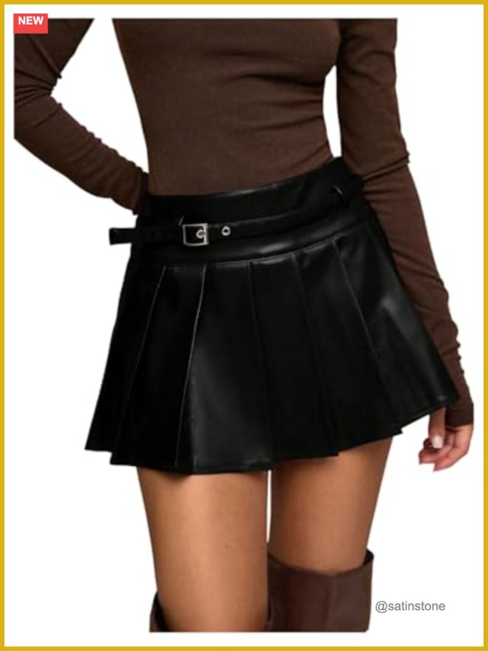 Women's Y2K Pleated PU Leather Mini Skirt A-Line Flared Belted